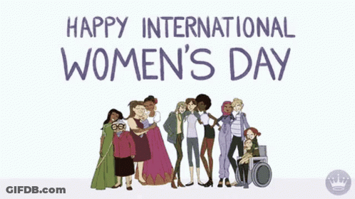 A Group Of Women Standing Next To Each Other With The Words Happy International Women 'S Day Written Above Them GIF