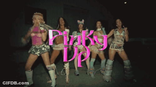 A Group Of Women Standing Next To Each Other With The Words Pinky Up Written In Pink GIF