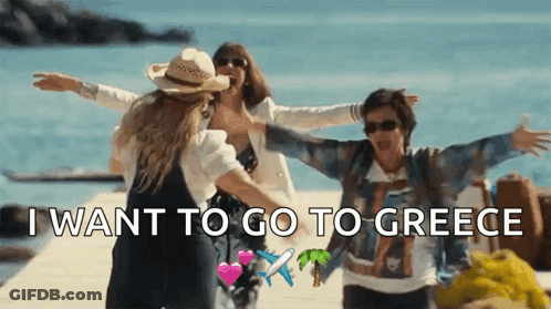 A Group Of Women Standing On A Beach With The Words " I Want To Go To Greece " Written On The Bottom GIF