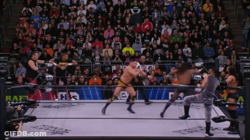 A Group Of Wrestlers Are Fighting In A Ring With The Word Raft On The Side GIF