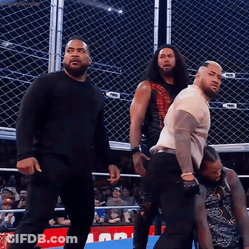 A Group Of Wrestlers Are Standing In A Ring With A Fence In The Background And The Hashtag Bestbigbrotherjoe GIF
