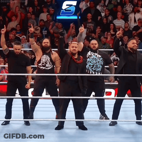A Group Of Wrestlers Are Standing In A Ring With Their Arms In The Air With The Letter S In The Background GIF