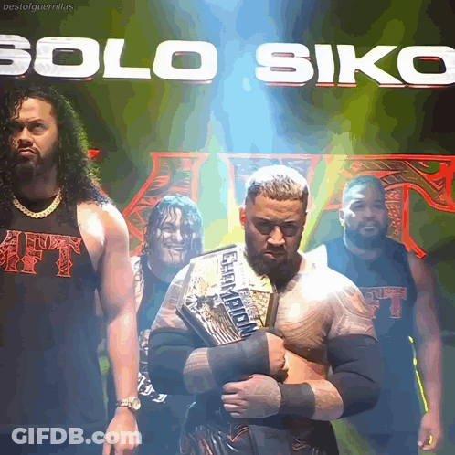 A Group Of Wrestlers Are Standing In Front Of A Banner That Says Solo Siko GIF