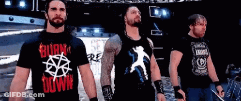 A Group Of Wrestlers Are Standing Next To Each Other On A Stage In Front Of A Crowd . GIF