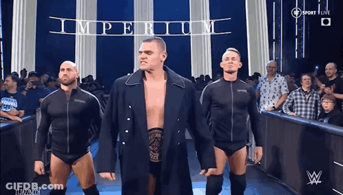 A Group Of Wrestlers Are Walking Out Of The Ring With The Word Imperium Behind Them GIF
