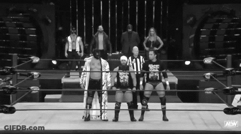 A Group Of Wrestlers Standing In A Ring With Aaw Written On The Bottom GIF