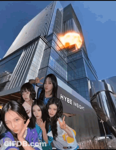 A Group Of Young Girls Pose In Front Of A Building That Says Hybe Insight GIF