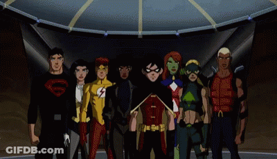A Group Of Young Justice Characters Are Posing For A Picture Together GIF