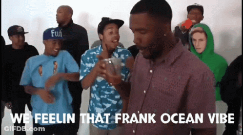 A Group Of Young Men Are Dancing And One Of Them Is Wearing A Purple Shirt That Says Frank Ocean Vibe GIF