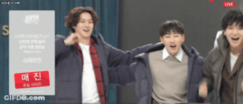 A Group Of Young Men Are Dancing In Front Of A Sign That Says Super Show GIF