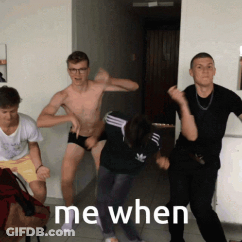 A Group Of Young Men Are Dancing With The Words Me When In The Corner GIF