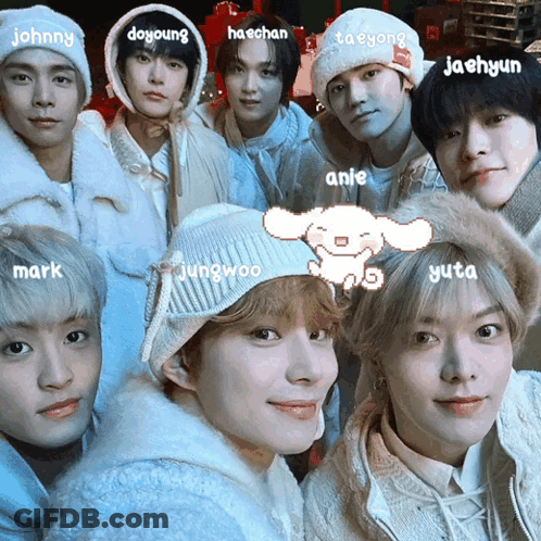 A Group Of Young Men Are Posing For A Picture With The Names Johnny Doyoung Haechan And Taeyong GIF