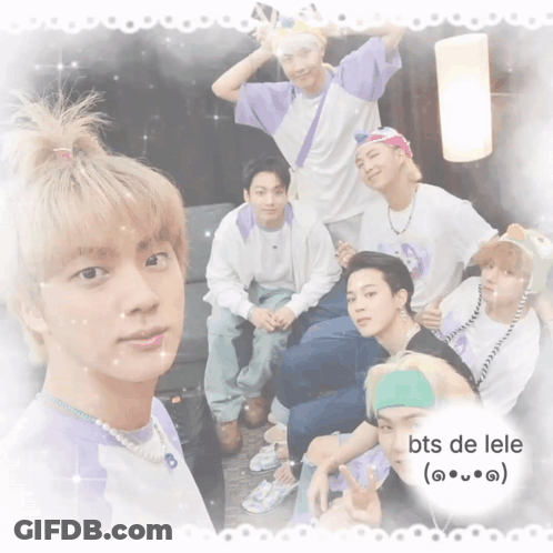 A Group Of Young Men Are Posing For A Picture With The Words Bts De Lele On The Bottom GIF
