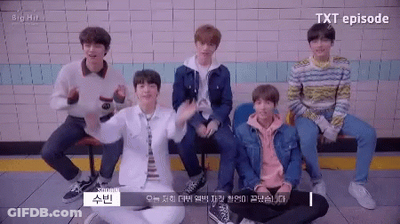A Group Of Young Men Are Posing For A Picture With The Words ' Txt Episode ' On The Bottom Left GIF