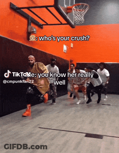 A Group Of Young Men Are Running On A Basketball Court With A Caption That Says Who 'S Your Crush GIF