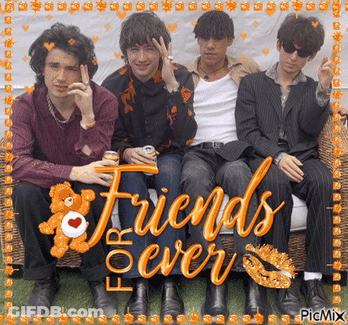 A Group Of Young Men Are Sitting On A Couch With The Words Friends Forever Written On The Bottom GIF