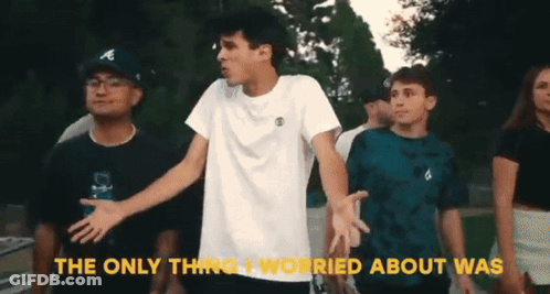 A Group Of Young Men Are Standing In A Line With The Words " The Only Thing I Worried About Was " Written Above Them GIF