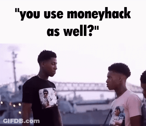 A Group Of Young Men Are Standing Next To Each Other With The Words " You Use Moneyhack As Well " Above Them GIF