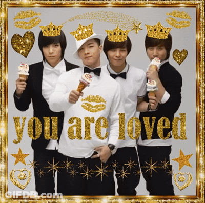 A Group Of Young Men Holding Ice Cream Cones With The Words You Are Loved In Gold GIF