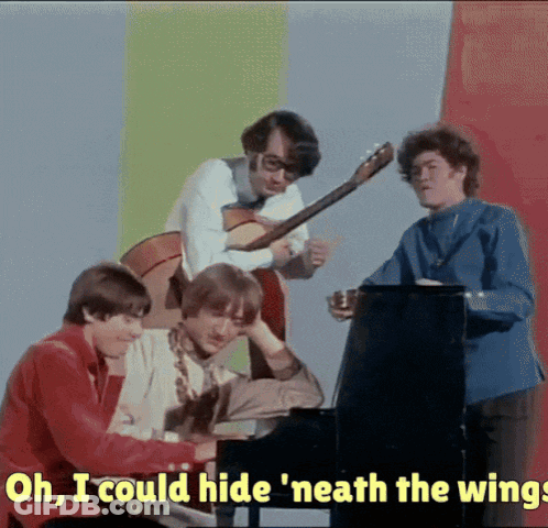 A Group Of Young Men Playing Instruments With The Words Oh I Could Hide Neath The Wings GIF