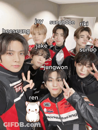 A Group Of Young Men Posing For A Picture With The Names Jay Sunghoon Riki Heeseung Jake Jungwon Sunoo And Ren GIF