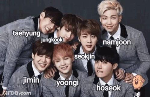 A Group Of Young Men Posing For A Picture With The Names Taehyung Jungkook Namjoon And Jimin GIF