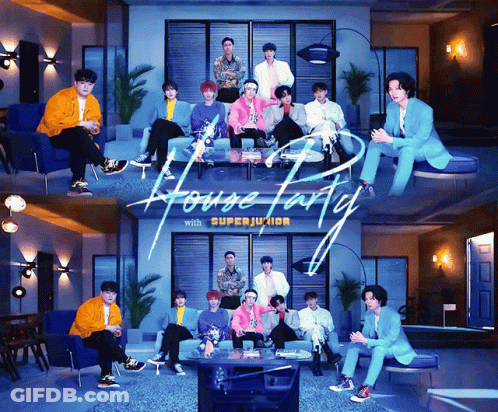 A Group Of Young Men Sitting In A Living Room With The Words House Party With Super Junior GIF