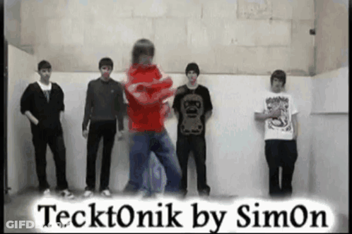A Group Of Young Men Standing In Front Of A Wall With The Words Tecktonik By Simon GIF