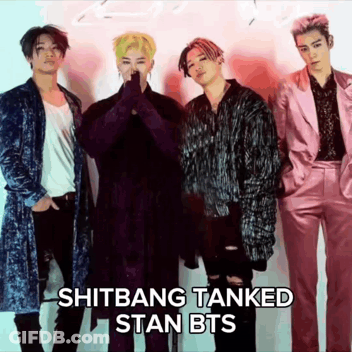 A Group Of Young Men Standing Next To Each Other With The Words Shitbang Tanked Stan Bts On The Bottom GIF