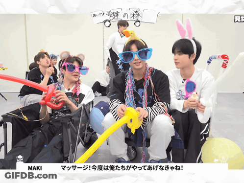 A Group Of Young Men Wearing Sunglasses And Bunny Ears Are Sitting Next To Each Other With Maki Written On The Bottom Ri GIF
