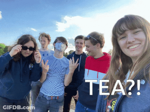 A Group Of Young People Are Posing For A Picture And One Of Them Is Wearing A Mask With The Word Tea On It GIF
