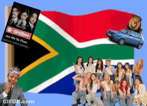 A Group Of Young Women Are Posing In Front Of A Flag GIF