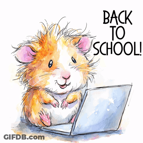 A Guinea Pig Is Sitting In Front Of A Laptop With The Words Back To School Written On The Bottom GIF