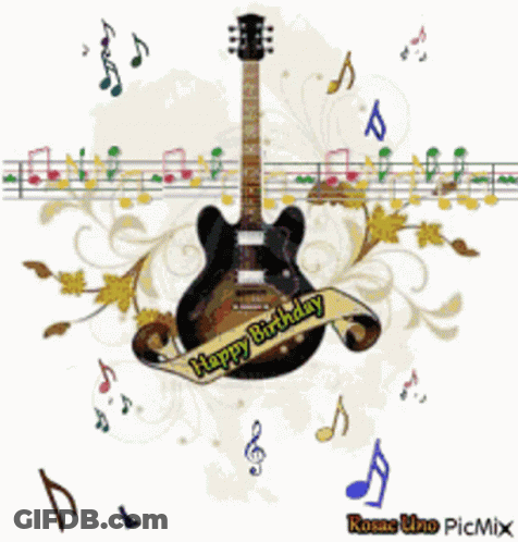 A Guitar With A Banner That Says Happy Birthday On It GIF