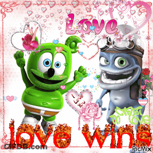 A Gummy Bear And A Frog Are On A Pink Background With The Words Love Win GIF