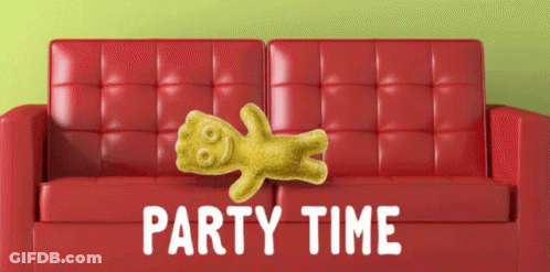 A Gummy Bear Is Laying On A Red Leather Couch With The Words Party Time Below It GIF
