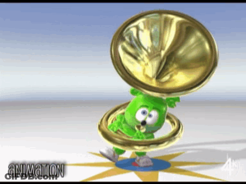 A Gummy Bear Playing A Trumpet With The Words Animation Below GIF