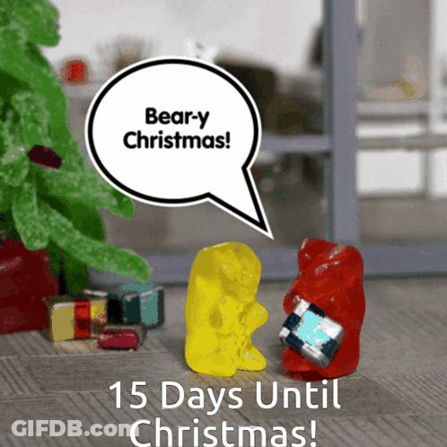 A Gummy Bear Says " Bear-Y Christmas " Next To A Christmas Tree GIF