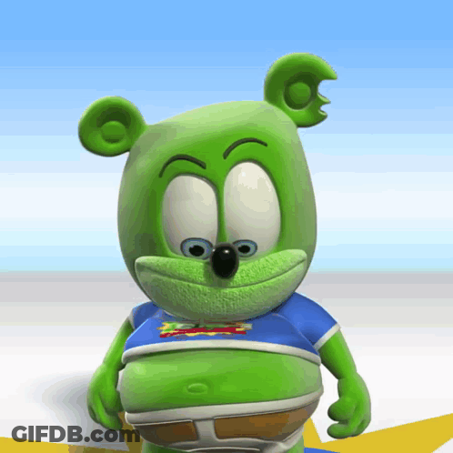 A Gummy Bear Wearing A Shirt That Says Gummy Bear On It GIF