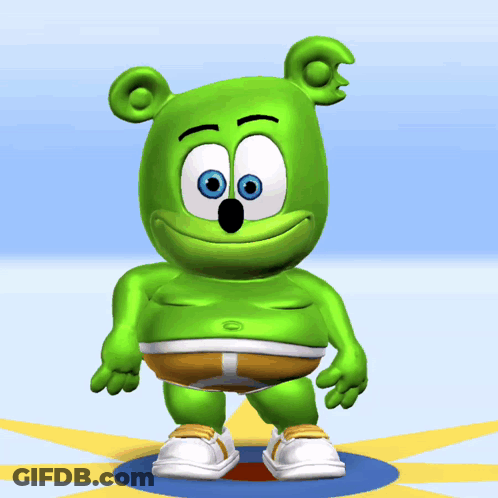A Gummy Bear With Blue Eyes Is Standing On A Blue And Yellow Circle GIF