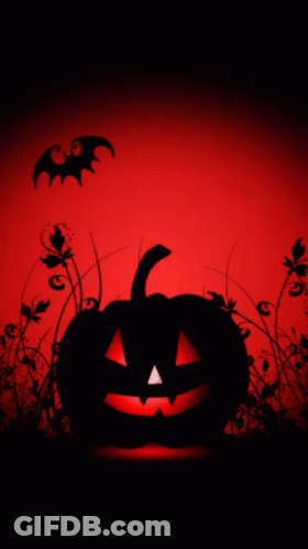 A Halloween Background With A Pumpkin And Bats In The Background GIF