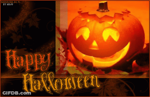 A Halloween Greeting Card With A Carved Pumpkin And The Words " Happy Halloween " GIF
