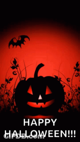 A Halloween Greeting Card With A Pumpkin And Bats And The Words Happy Halloween GIF