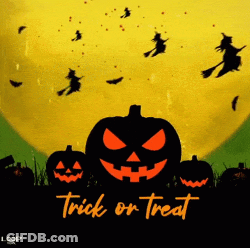 A Halloween Greeting Card With Pumpkins And Witches And The Words Trick Or Treat GIF