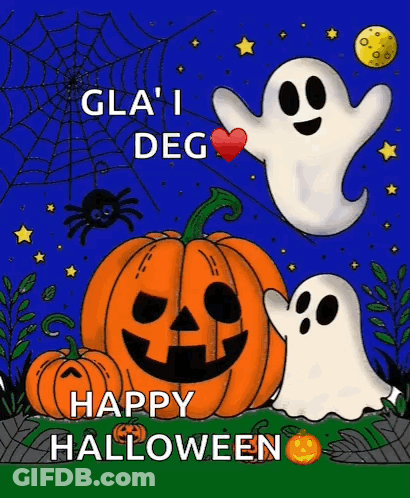 A Halloween Greeting Card With Pumpkins , Ghosts , And Spiders . GIF