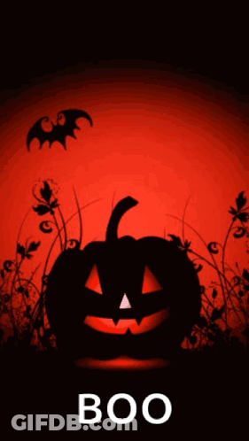 A Halloween Poster With A Pumpkin And Bats And The Word Boo Below It GIF