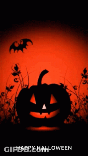 A Halloween Poster With A Pumpkin And Bats And The Words Happy Halloween GIF
