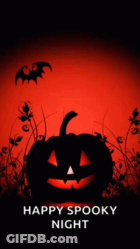 A Halloween Poster With A Pumpkin And Bats And The Words Happy Spooky Night GIF