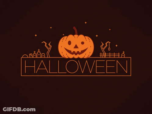 A Halloween Sign With A Pumpkin And A Spider Hanging From It GIF