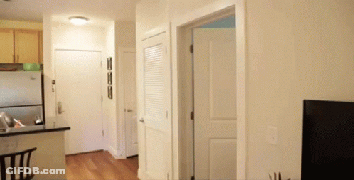 A Hallway Leading To A Kitchen And A Closet GIF